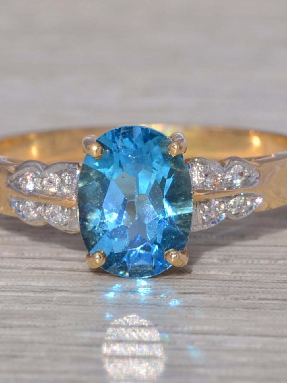 Vintage Blue Topaz & Diamond Ring in 14k Yellow Gold